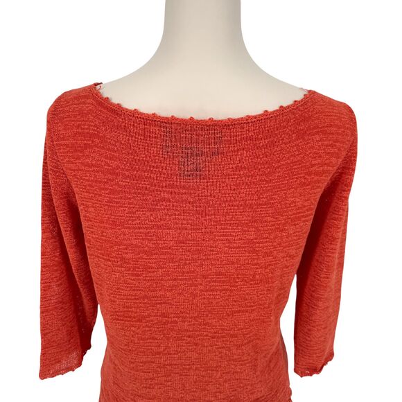VTG Finity Studio Open Knit Top MEDIUM Orange Boat Neck Scalloped Hem 3/4 Sleeve - Picture 8 of 11